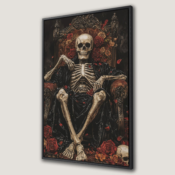 Framed Wall Art: Gothic skeleton on a throne surrounded by roses. Dark, dramatic art with a red, black, and cream color palette. Perfect for a unique home decor statement.