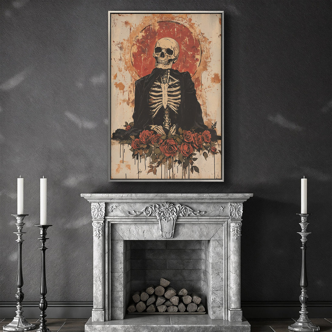 Framed Wall Art: Gothic skeleton print with red roses, vintage style, displayed in a dark interior. Features a muted color palette.