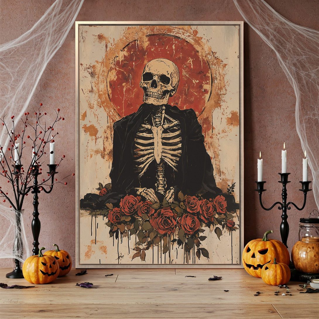 Framed Wall Art featuring a skeleton in a black coat with red roses, in a vintage style, with a warm, earthy color palette, perfect for Halloween decor.