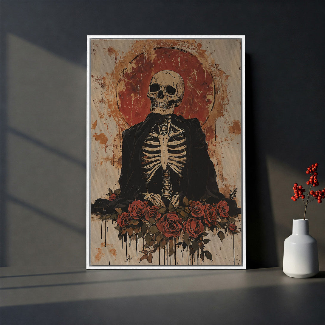 Framed Wall Art: Gothic skeleton art with red roses. Dark, moody color palette. Perfect for adding a unique touch to your home decor. Canvas Print available.