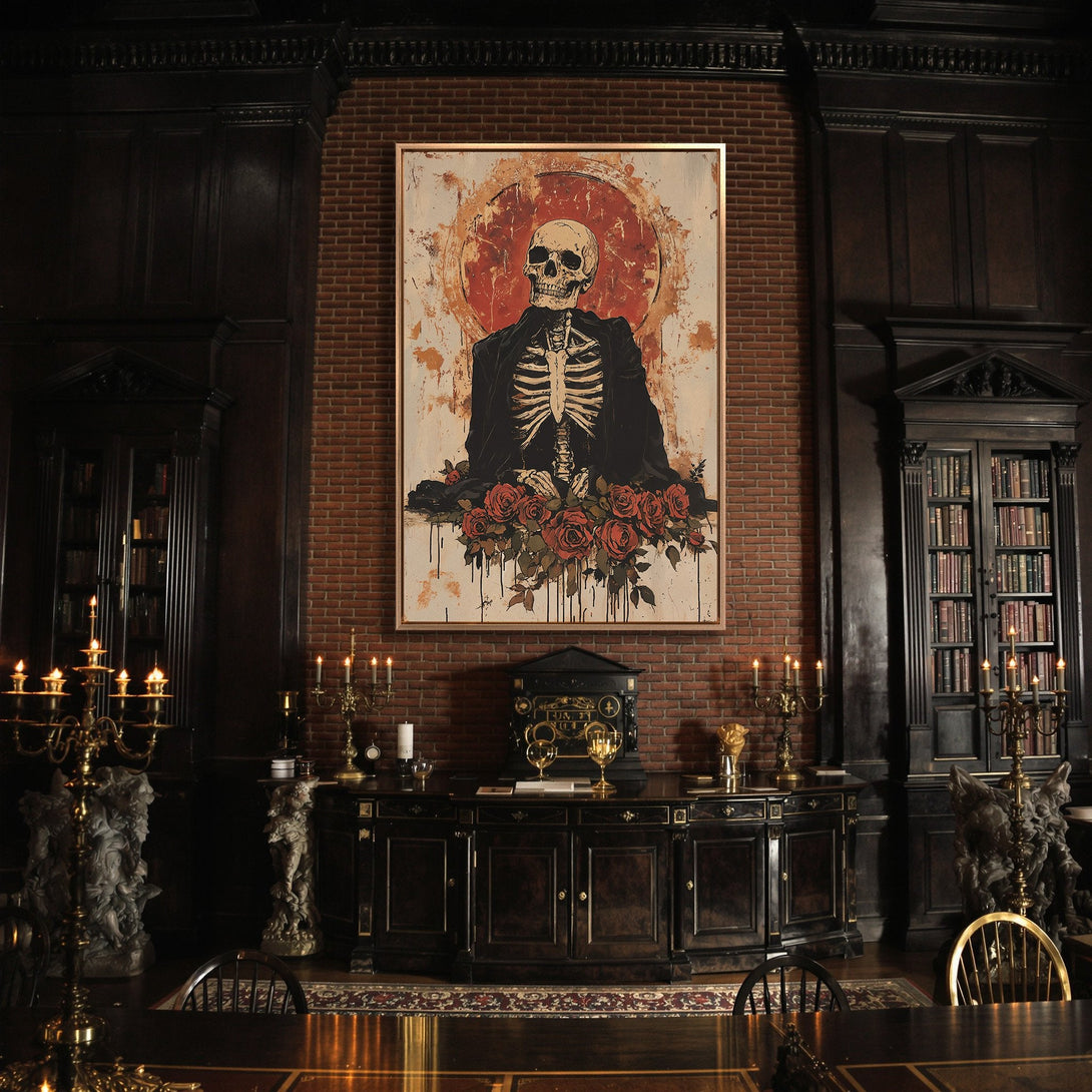 Framed Wall Art: Gothic skull art with red roses. Dark, moody color palette. Perfect for adding a unique, edgy style to your home decor.