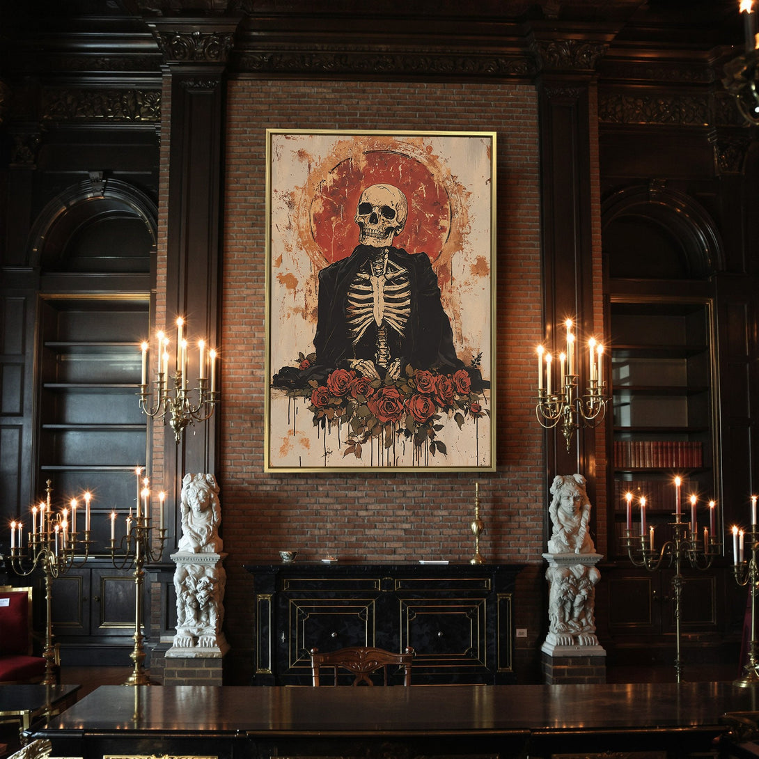 Canvas Print: Spooky skeleton art with red roses. Gothic style, warm earth tones. Perfect Halloween decor!
