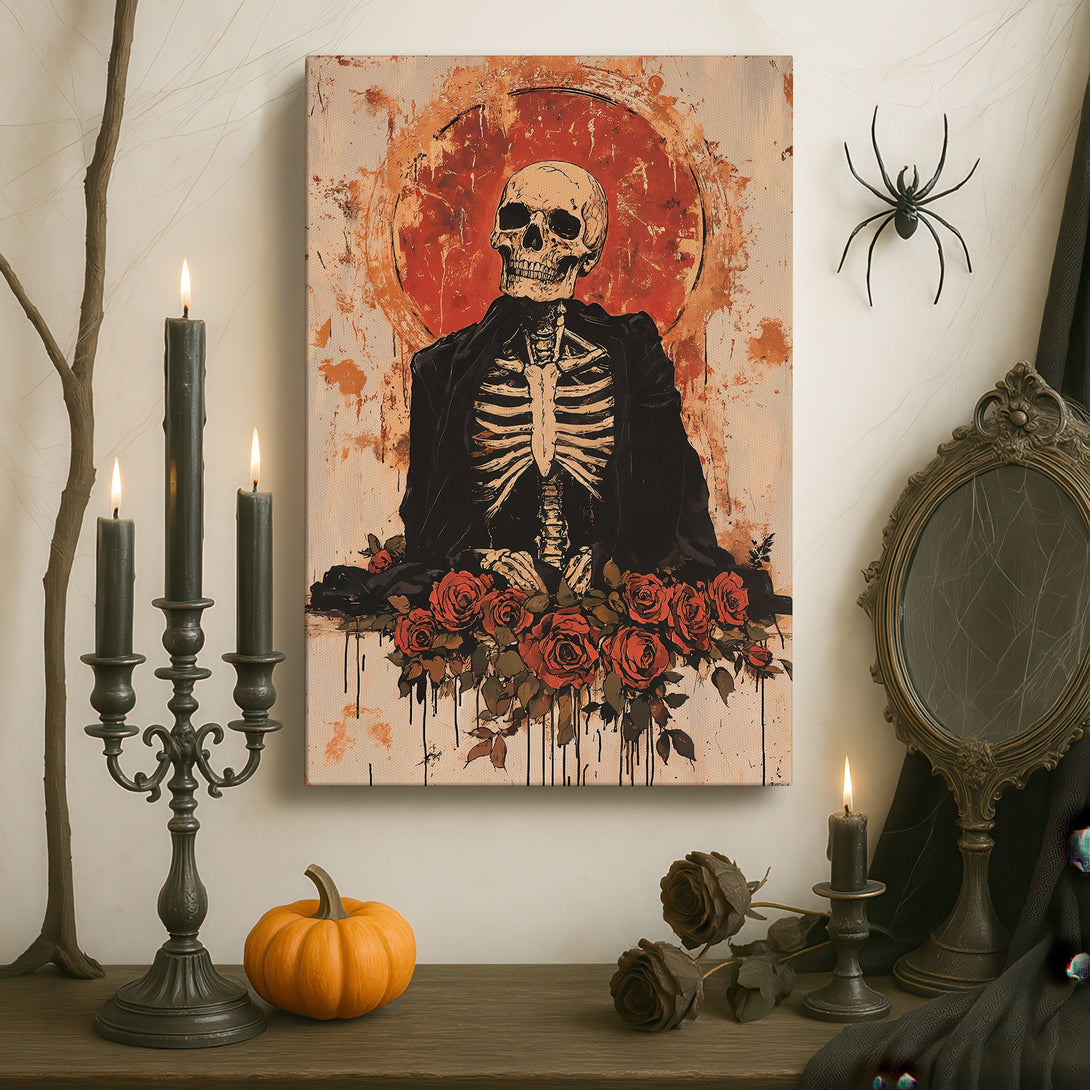 Framed Wall Art: Gothic skull art with red rose accents on a canvas print. Dark, moody color palette perfect for a statement piece.