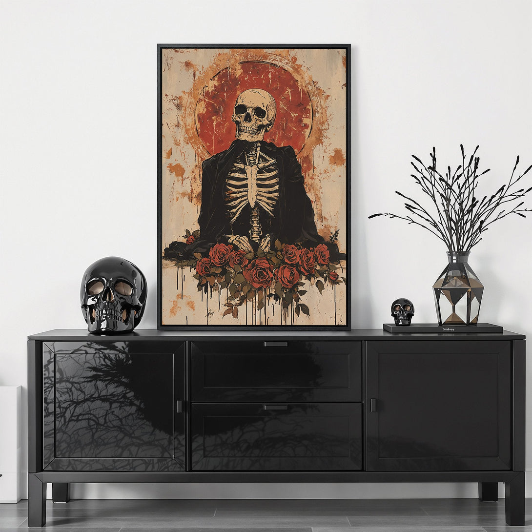 Framed Wall Art: Gothic skeleton art with red roses. Dark and moody, featuring a black frame, perfect for adding a unique touch to any space.