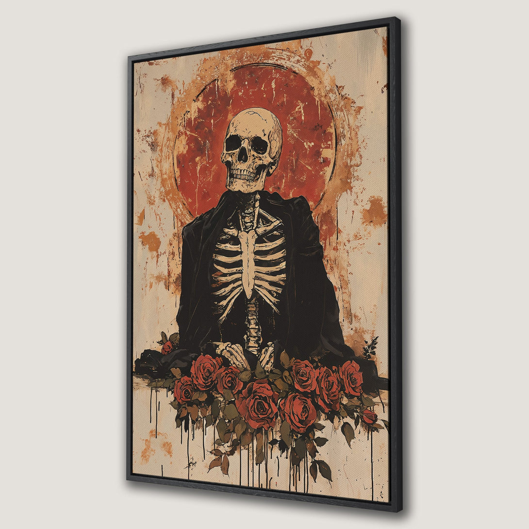 Framed Wall Art featuring a skeleton with roses, grunge style, warm earth tones and red accents. Perfect gothic home decor.