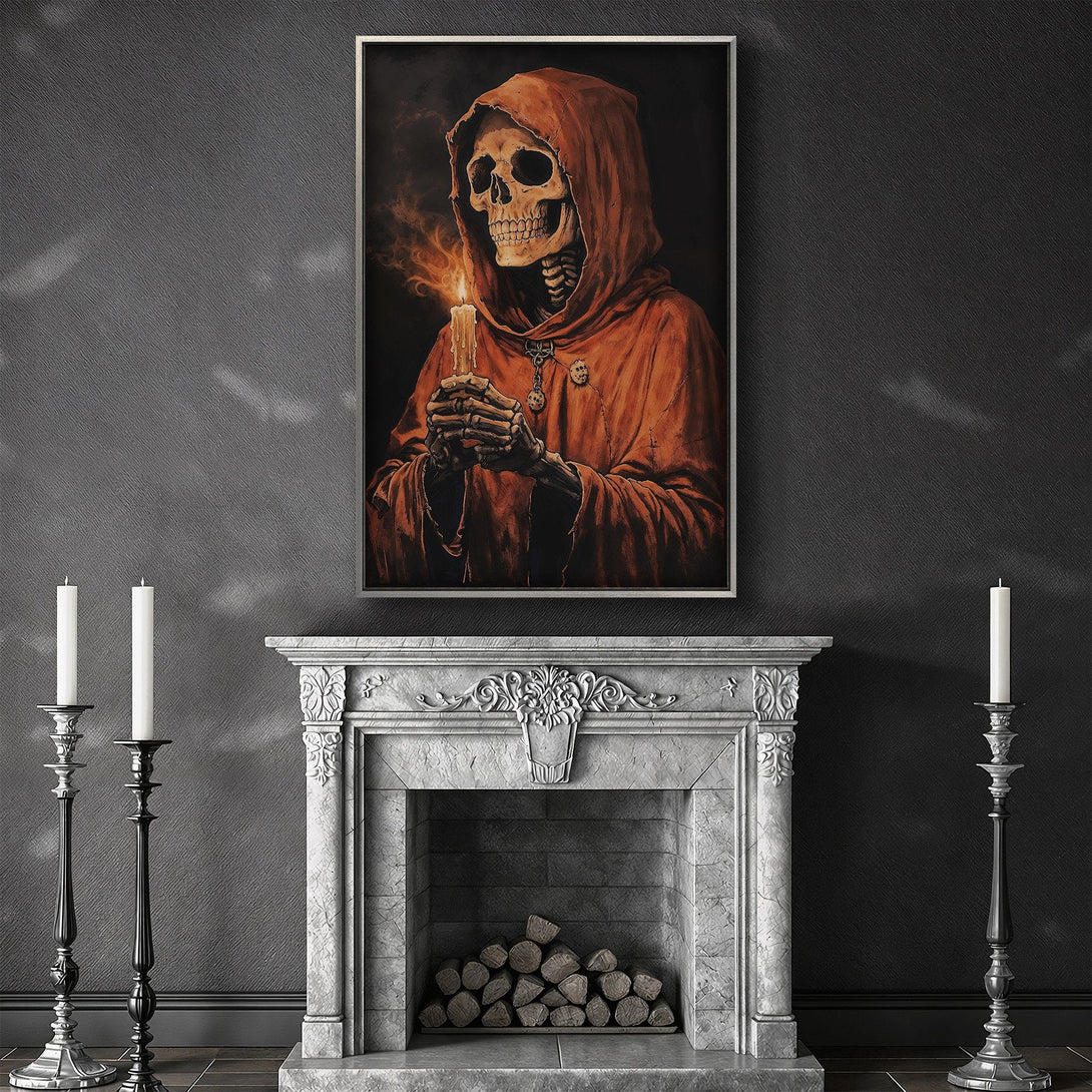 Framed Wall Art: Grim Reaper holding candle in a dark, gothic style. Warm orange and black color palette. Perfect for a unique home decor statement.