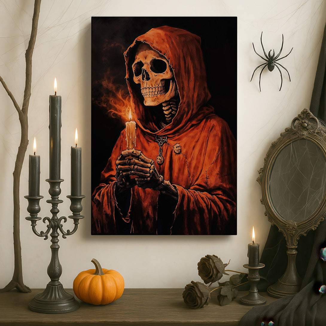 Framed Wall Art: Spooky skeleton in red robe holding candle. Gothic style, warm red and black color palette. Perfect for Halloween decor.
