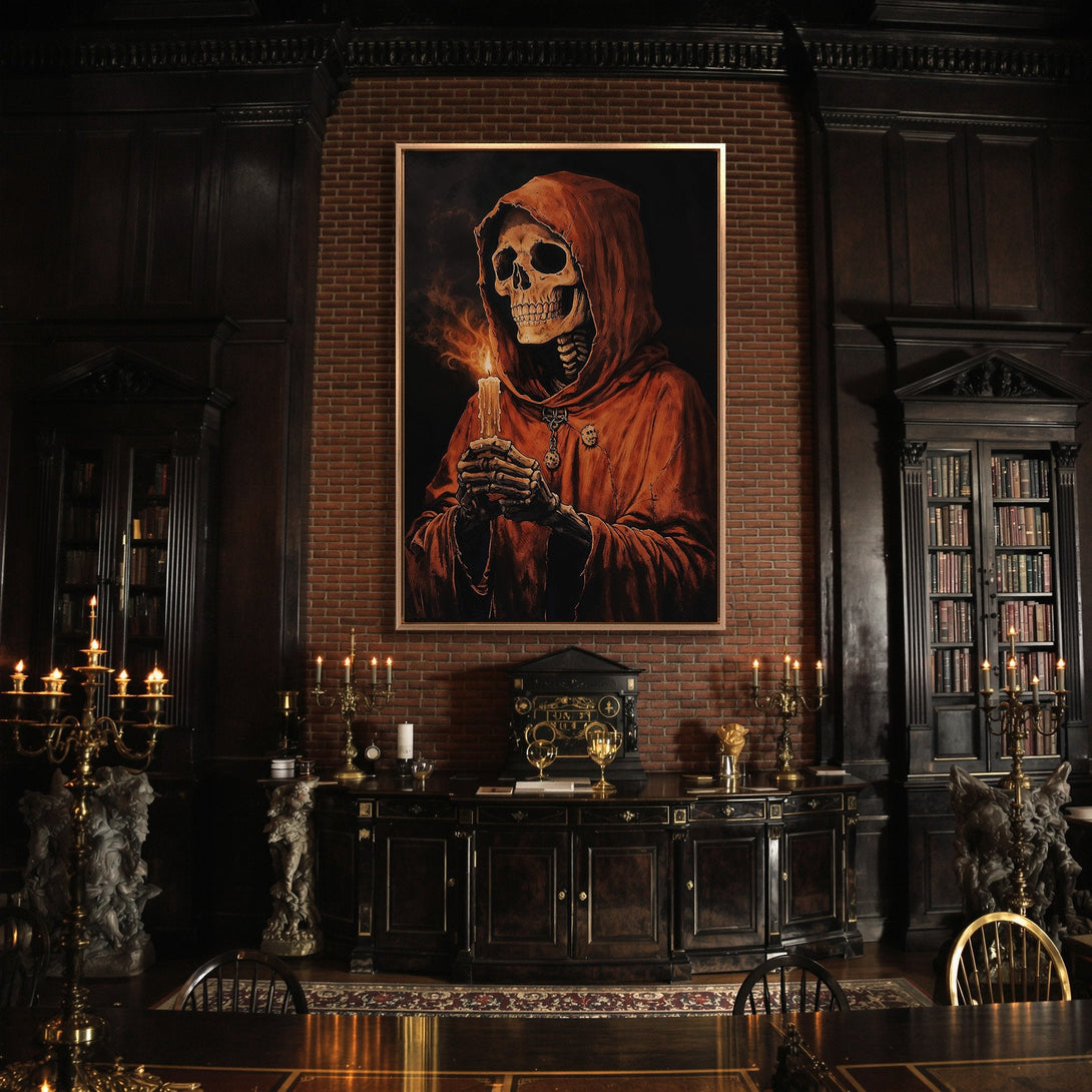 Framed Wall Art: Gothic skeleton in red robe holding candle. Dark, moody interior with antique furniture. Rich color palette of reds, blacks, and golds.