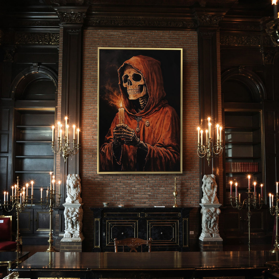 Canvas Print: Spooky skeleton in red robe holding candle. Gothic art style, warm orange & black color palette. Perfect Halloween decor.