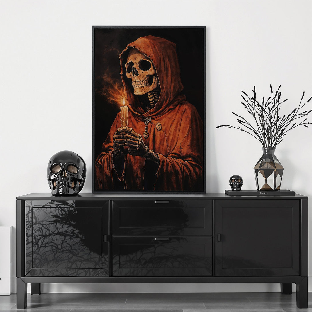 Framed Wall Art featuring a spooky skeleton in a red robe, holding a candle. Dark, gothic style with a warm, autumnal color palette. Perfect for Halloween decor!