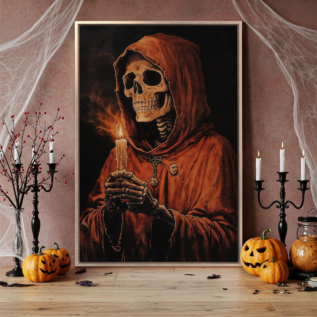 Framed Wall Art: Spooky skeleton in a red robe, holding a candle. Gothic style with warm, earthy tones. Perfect Halloween decor!