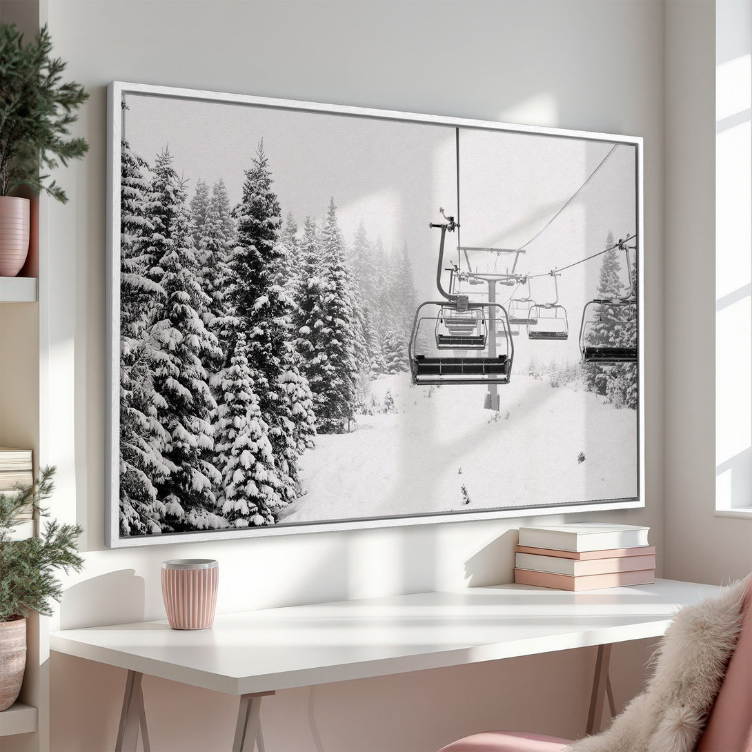 Framed Wall Art featuring a snowy ski lift scene in black and white. Modern, minimalist style with a neutral color palette, perfect for any interior.