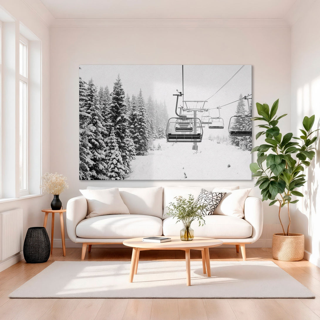 Framed Wall Art: Black and white ski lift scene. Modern Canvas Print with gold frame, neutral color palette. Perfect for living room decor.