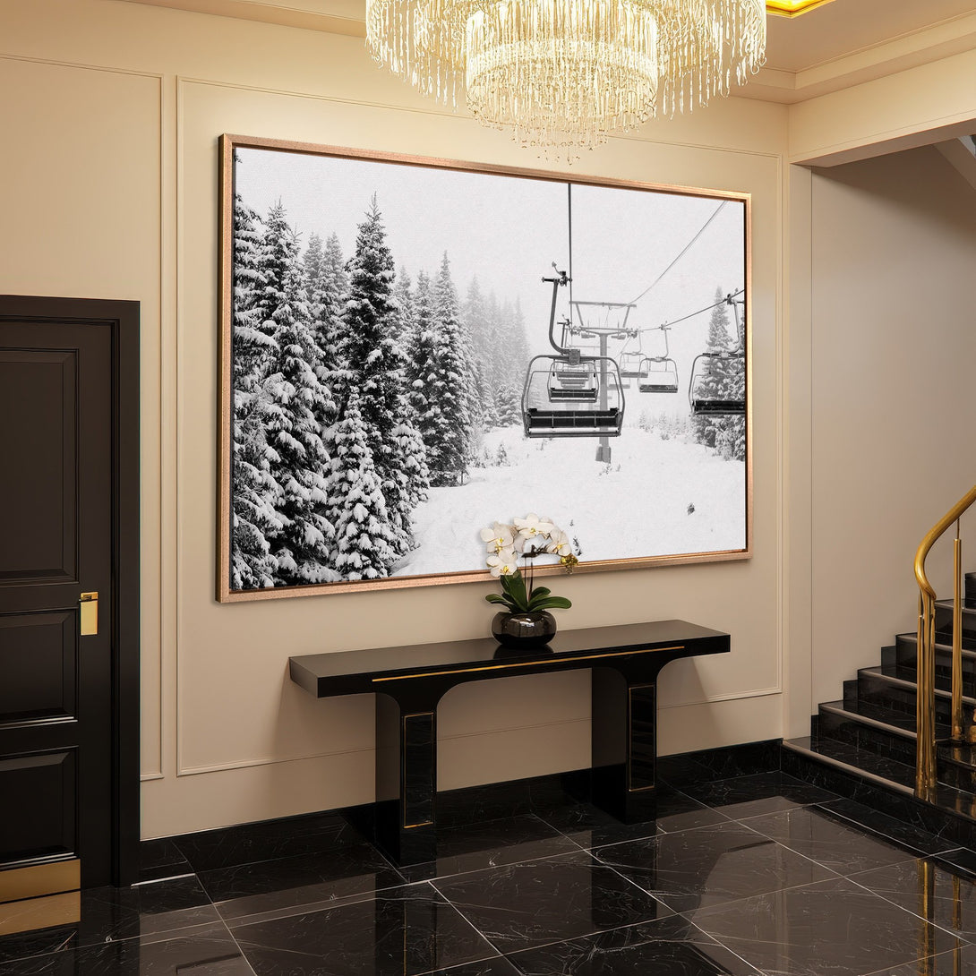 Framed Wall Art: Black and white winter landscape Canvas Print. Modern ski lift art with snowy trees. Neutral color palette for elegant home decor.