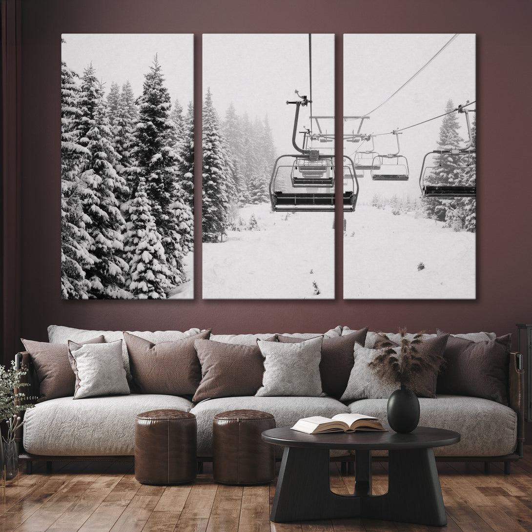 Canvas Print of a snowy ski lift and trees in black and white. Modern wall art for a cozy interior.
