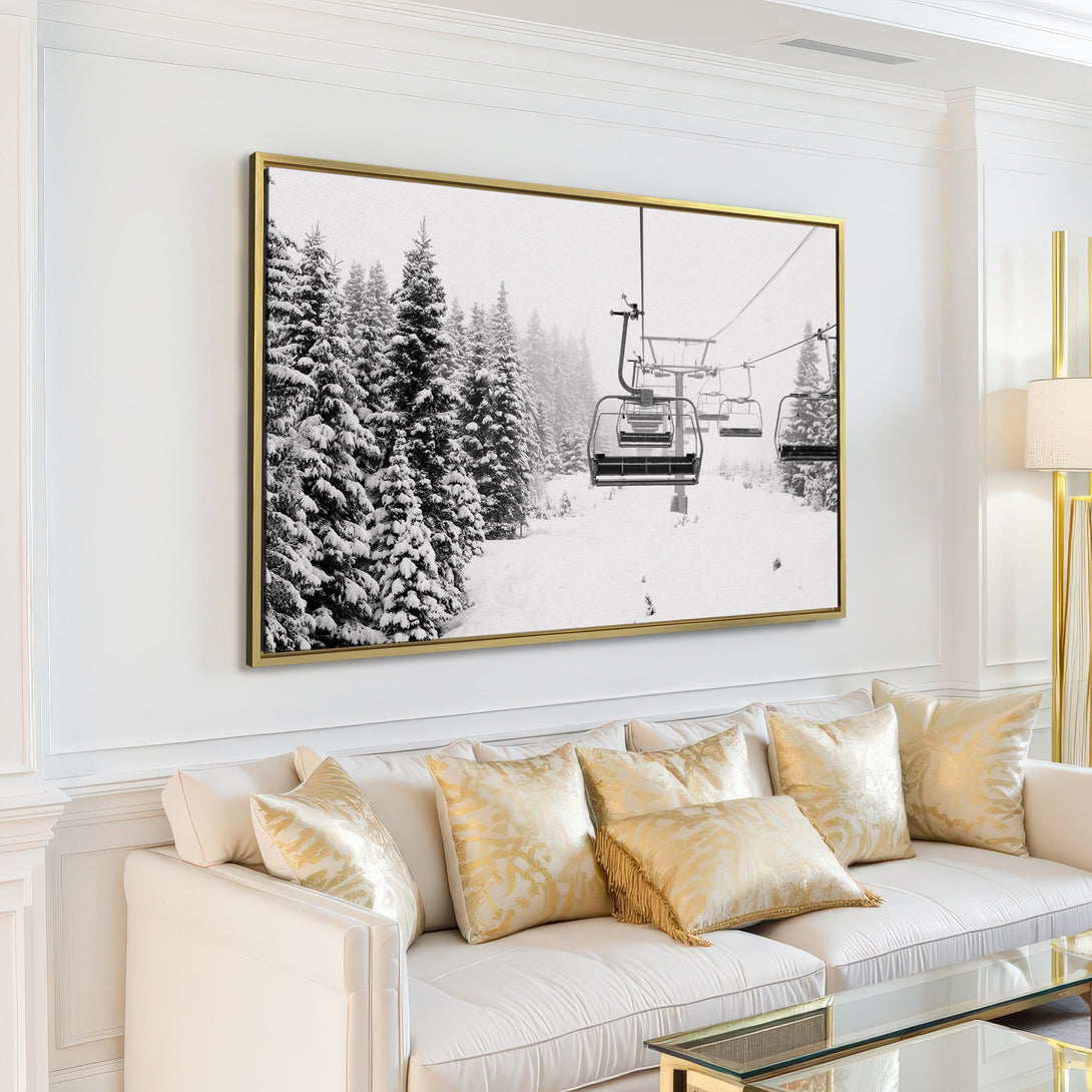 Canvas Print of a snowy ski lift scene in black and white, perfect for modern home decor. Bring the outdoors in!