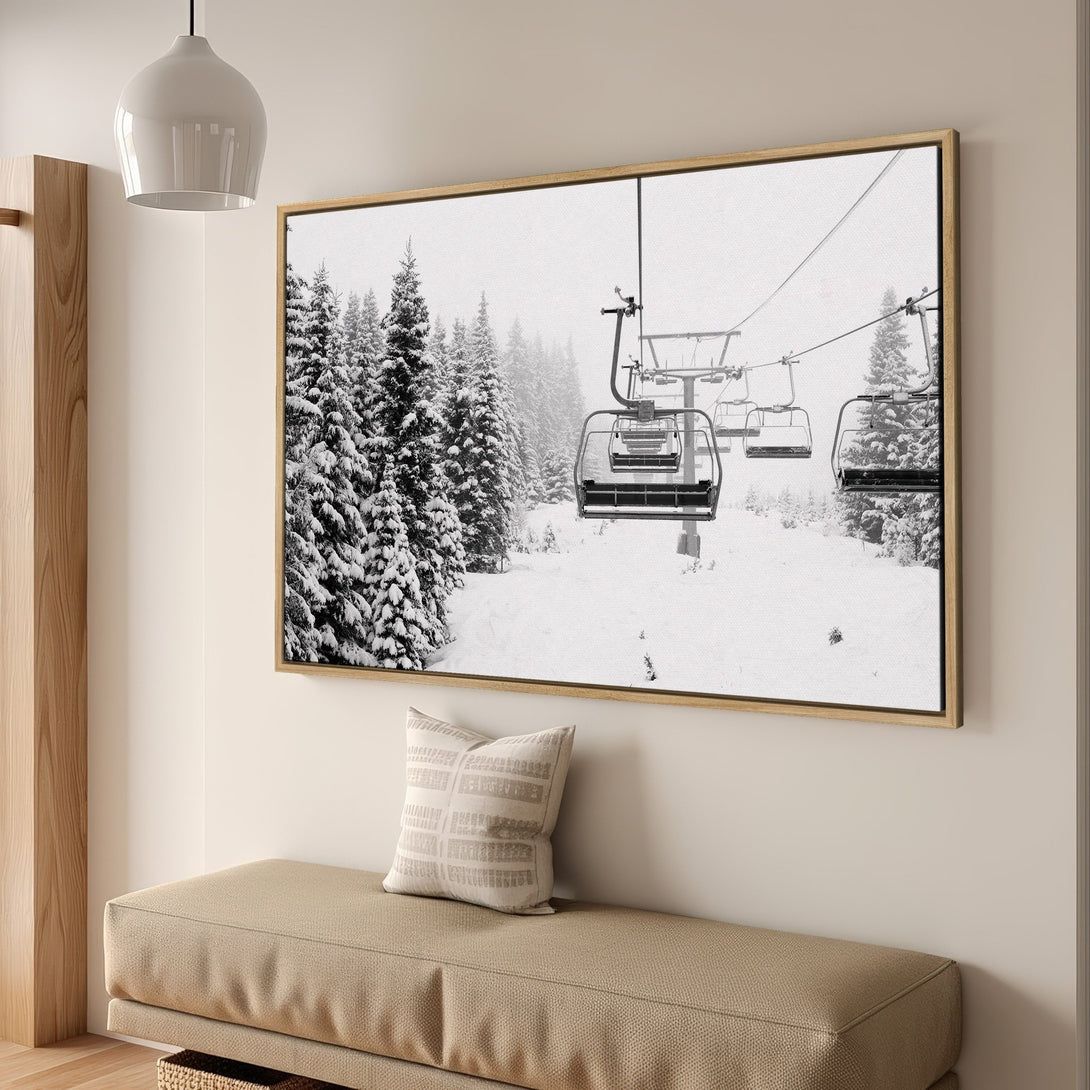 Framed Wall Art: Black and white winter landscape Canvas Print featuring ski lift and snow-covered trees. Modern, minimalist decor in neutral tones.