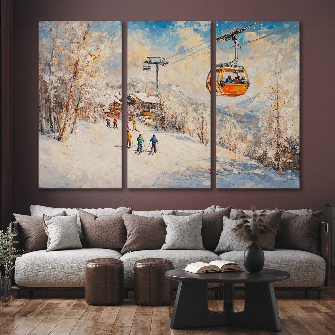 Canvas Print of a vibrant ski resort scene in an impressionistic style with a warm, inviting color palette. Perfect wall art for your home!