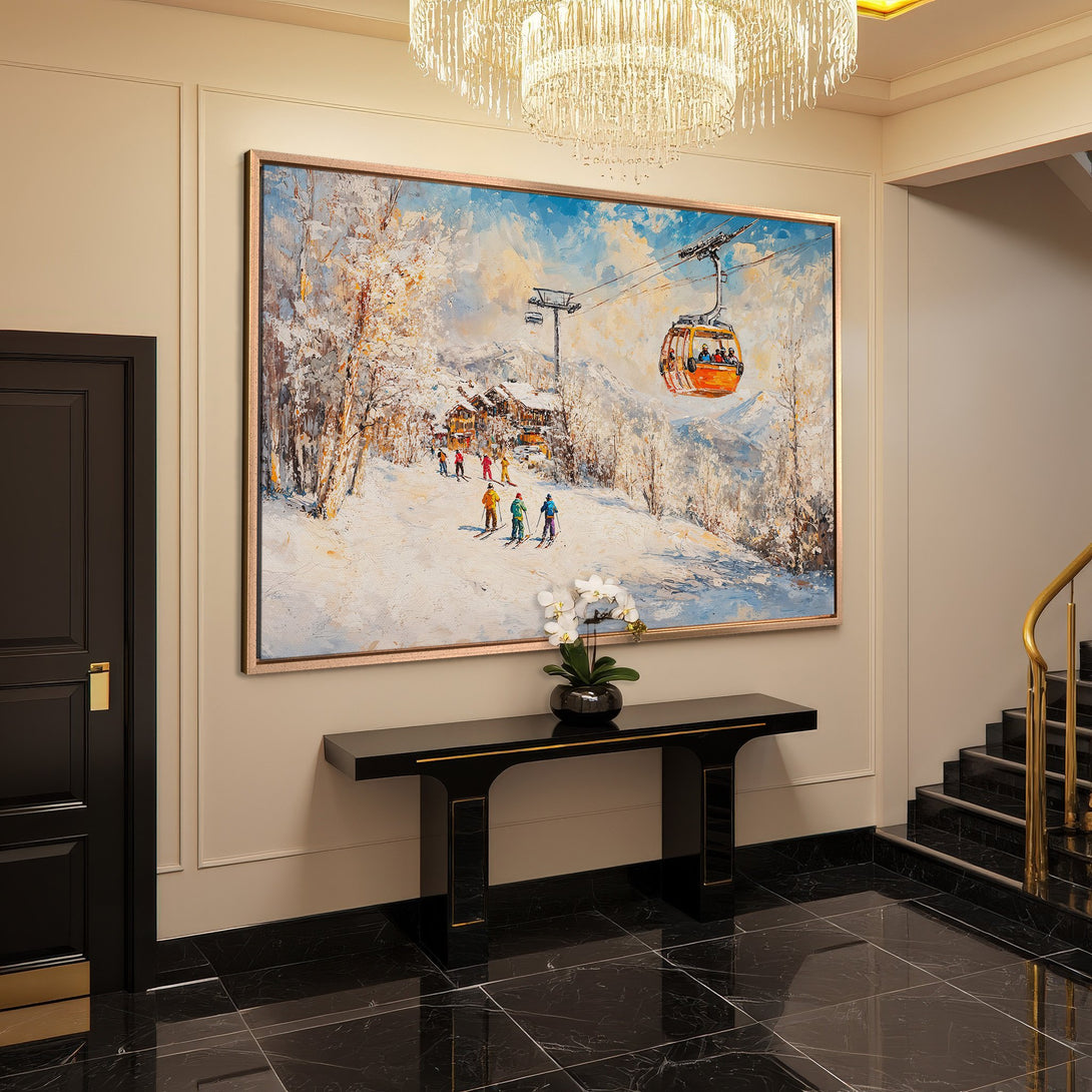 Framed Wall Art: Winter ski scene canvas print with vibrant blue, white, and orange hues. Perfect for adding a touch of elegance to any space.