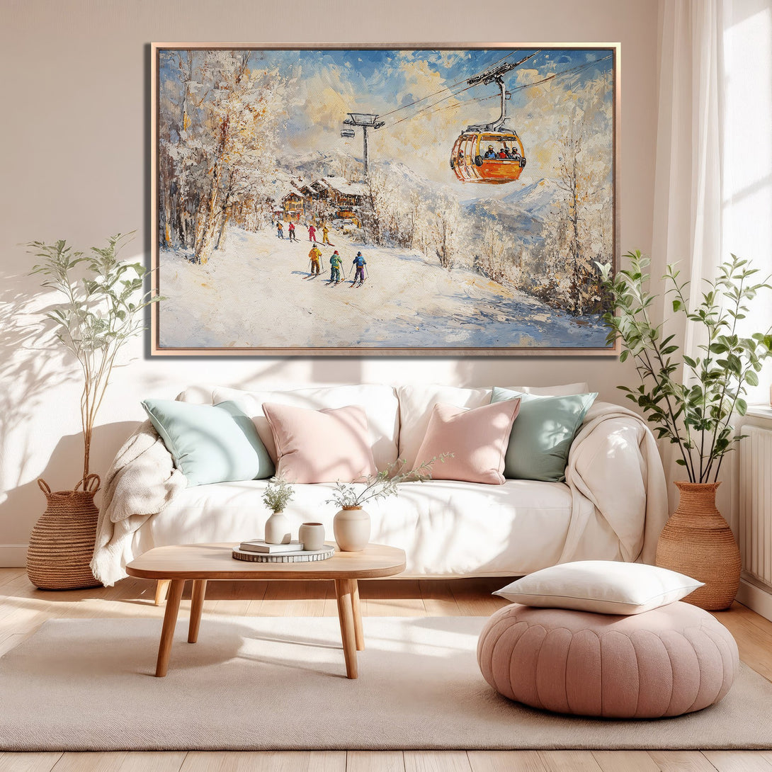 Framed Wall Art: Ski resort scene canvas print in warm tones. Perfect for cozy interiors. Adds a touch of winter charm to your living room.