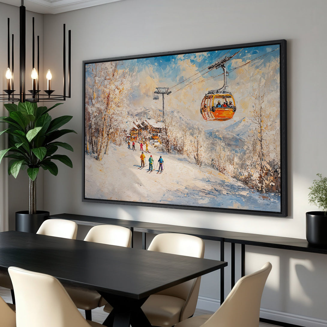 Framed Wall Art: Winter ski scene canvas print with a vibrant blue, white, and yellow color palette. Perfect for adding a touch of mountain charm to your home decor.