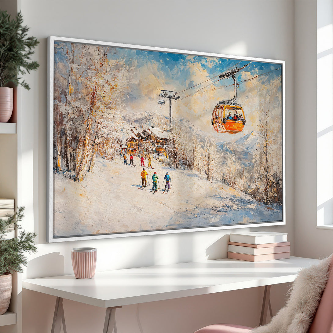 Framed Wall Art: Winter ski scene canvas print. Oil painting style with skiers, gondola, and snowy mountains in a blue, white, and orange color palette.