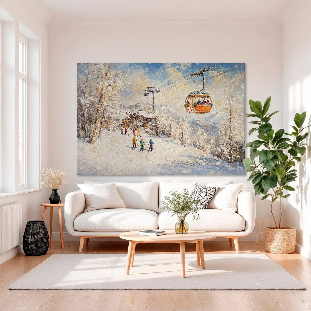 Framed Wall Art: Winter ski scene canvas print with a vibrant color palette, displayed in a luxurious interior. Perfect for your home decor!