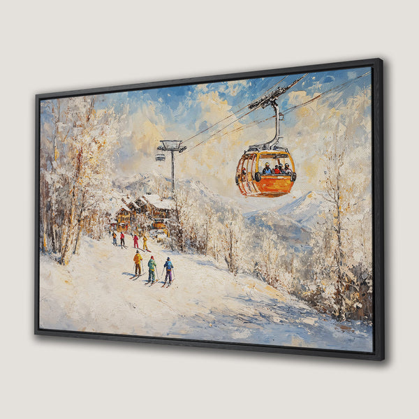 Framed Wall Art of a snowy ski resort scene. Impressionistic style with a blue, white, and orange color palette. Perfect for adding a touch of winter charm!