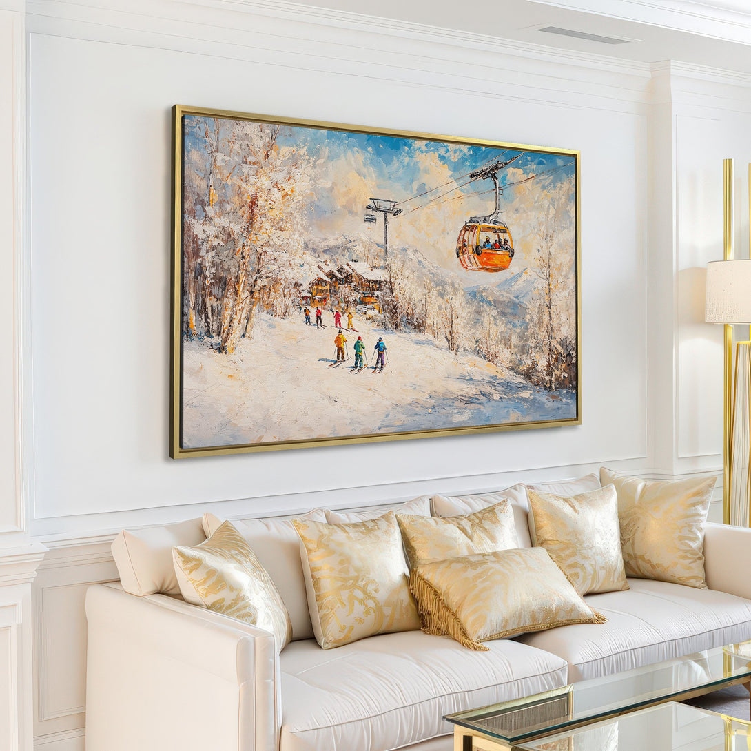 Canvas Print of a winter ski scene. Impressionist style with a blue, white, and orange color palette. Perfect wall art for your living room.