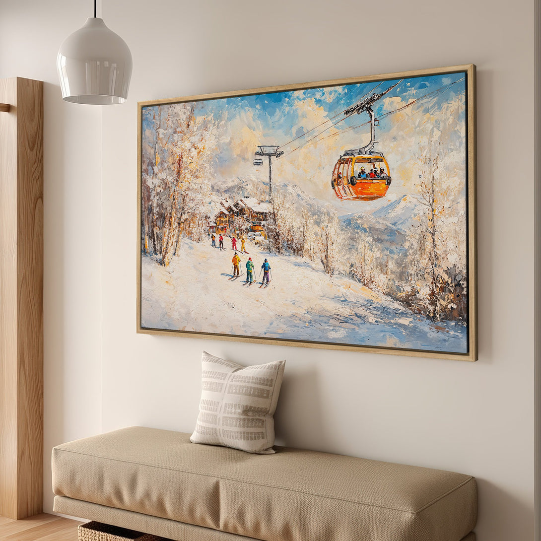 Framed Wall Art: Winter ski scene canvas print with vibrant blue, white, and orange hues. Bring the beauty of the mountains to your home!