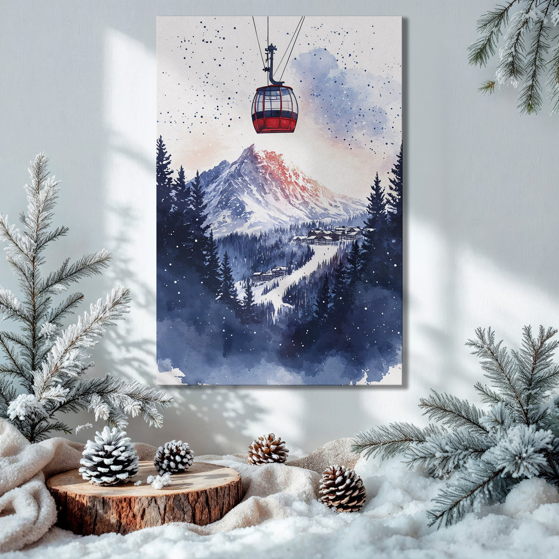 Framed Wall Art: Watercolor mountain scene in blue, red & white. Perfect winter decor. Adds a cozy, artistic touch to your home.