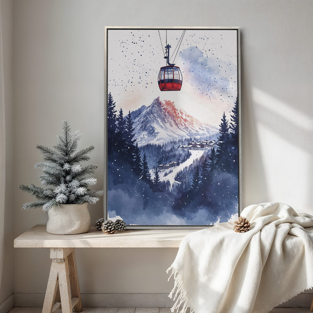 Framed Wall Art: Watercolor ski resort scene in blue and red. Perfect winter decor for your home. Shop now for stunning canvas prints!