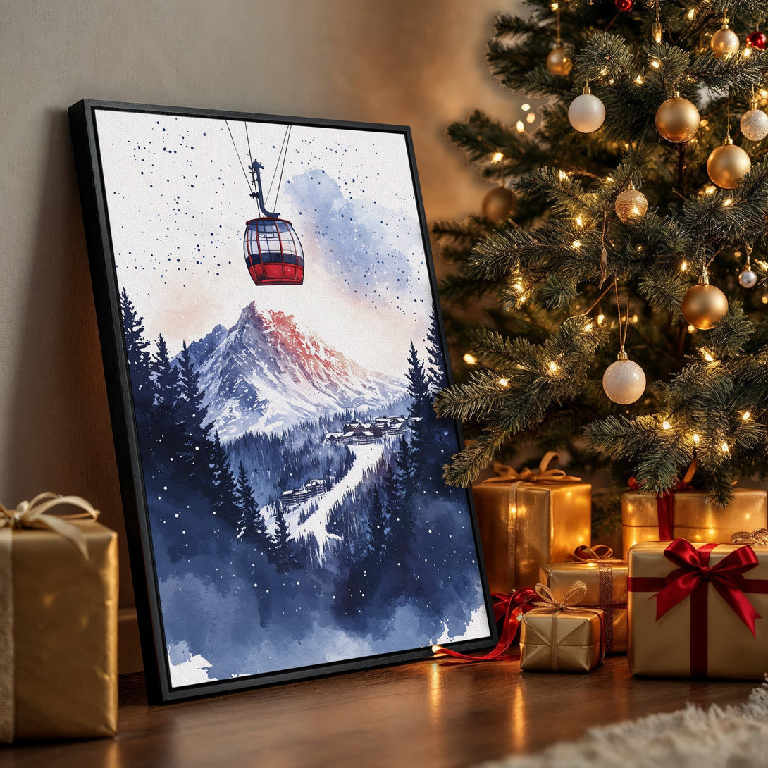 Framed Wall Art: Watercolor ski lift scene in blue and red hues. Perfect winter decor for your home. Shop now!