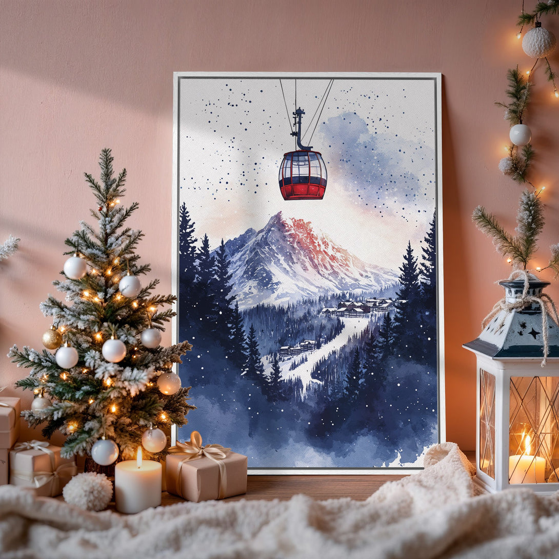 Framed Wall Art: Watercolor mountain scene with ski lift, blue and white color palette. Perfect winter decor for a cozy home.