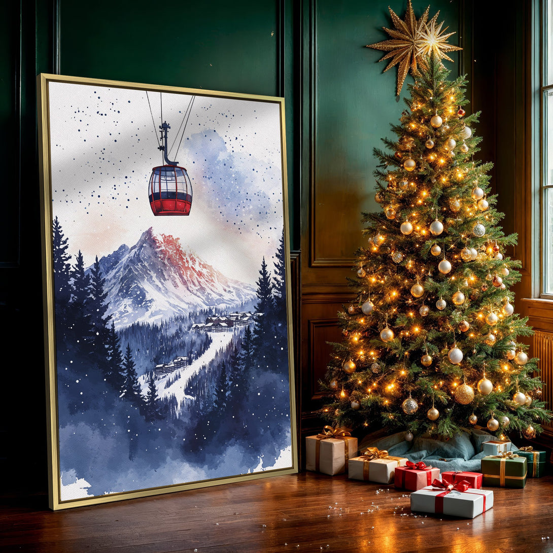 Canvas Print of a winter mountain scene with a cable car, watercolor style, blue and white color palette.