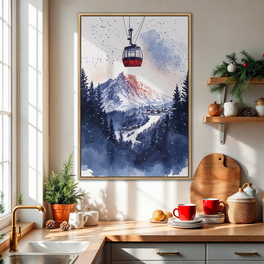 Framed Wall Art featuring a watercolor mountain scene with a ski lift. Blue and white color palette, perfect for adding a touch of winter charm to your home.