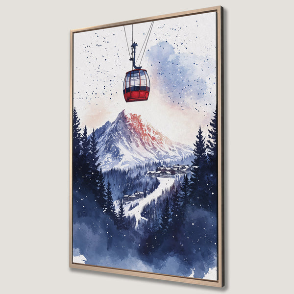 Framed Wall Art: Watercolor mountain scene with ski lift, snowy landscape in blue and red hues. Perfect for adding a touch of winter charm to your home decor.