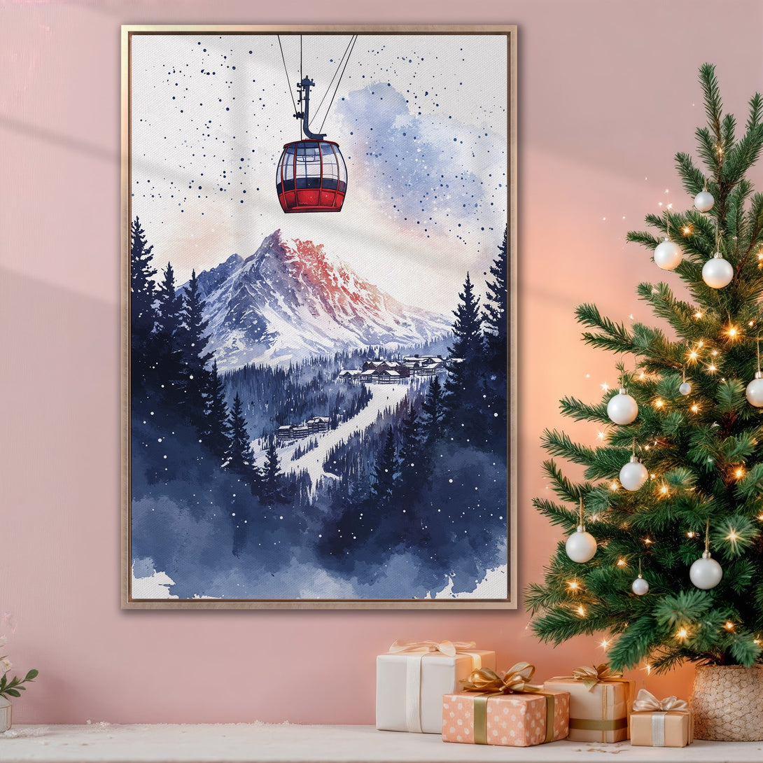 Framed Wall Art: Watercolor winter landscape with a red cable car, snowy mountains, and pine trees. Cool blue and white palette, perfect for cozy decor.