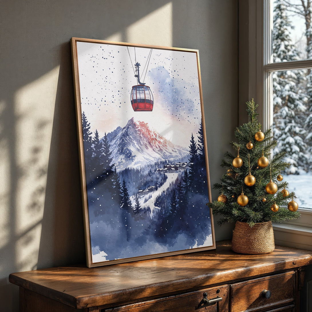 Framed Wall Art: Watercolor mountain scene with gondola. Blue and white snowy landscape, perfect for winter decor.