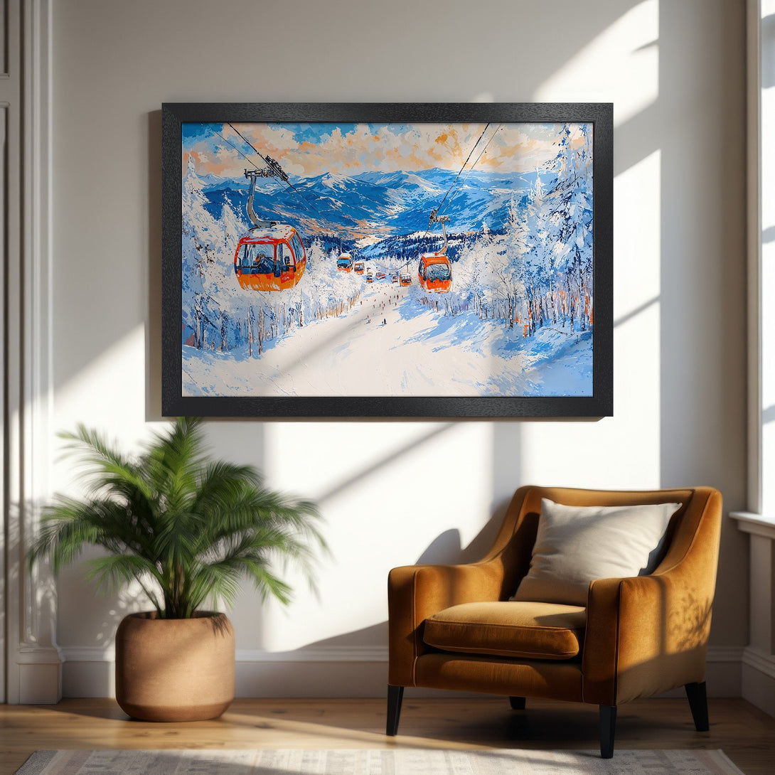Framed Poster of a ski resort scene in an impressionist style, with a blue and orange color palette. Perfect wall art.