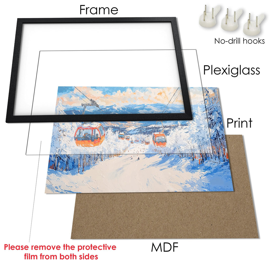 Framed Poster featuring a snowy mountain scene in blue and orange. Perfect art for your home!