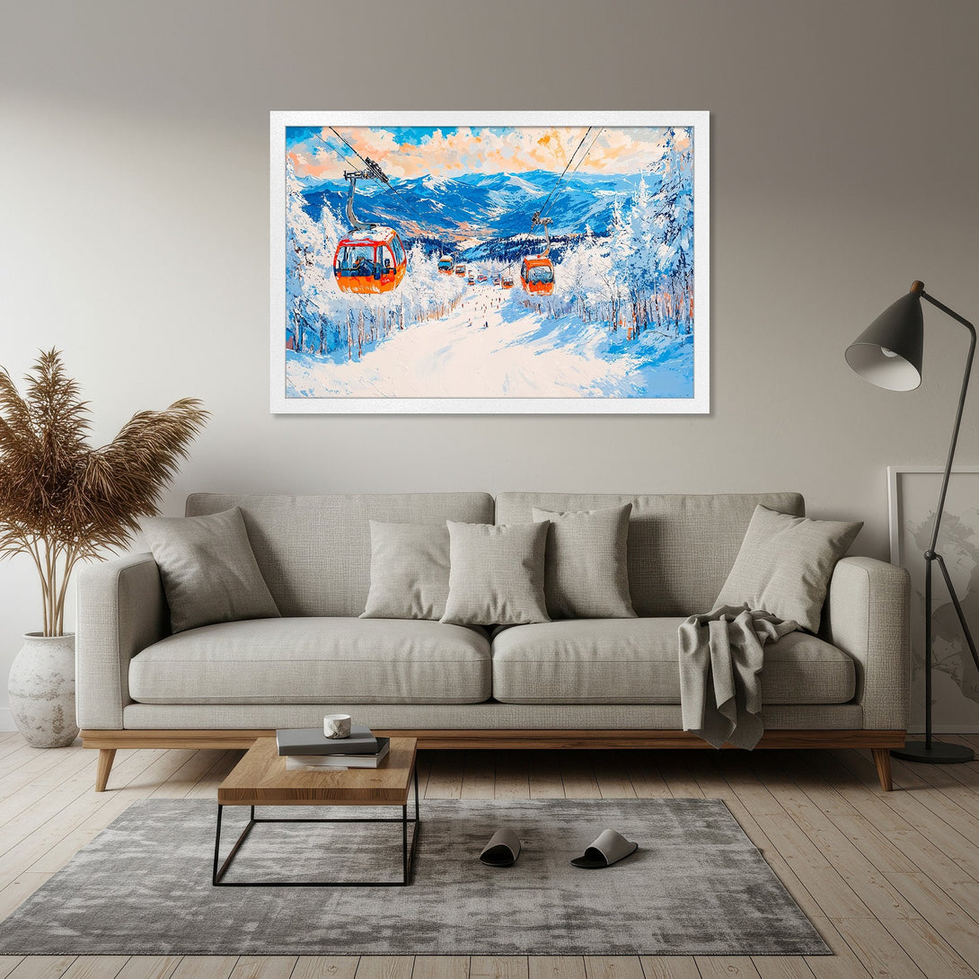 Framed Poster of a snowy mountain scene with ski lifts, impressionistic style, blue, white, and orange color palette.