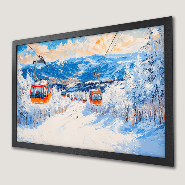 Framed Poster: Winter ski resort art print in blue, orange, and white. Perfect wall decor for your home.