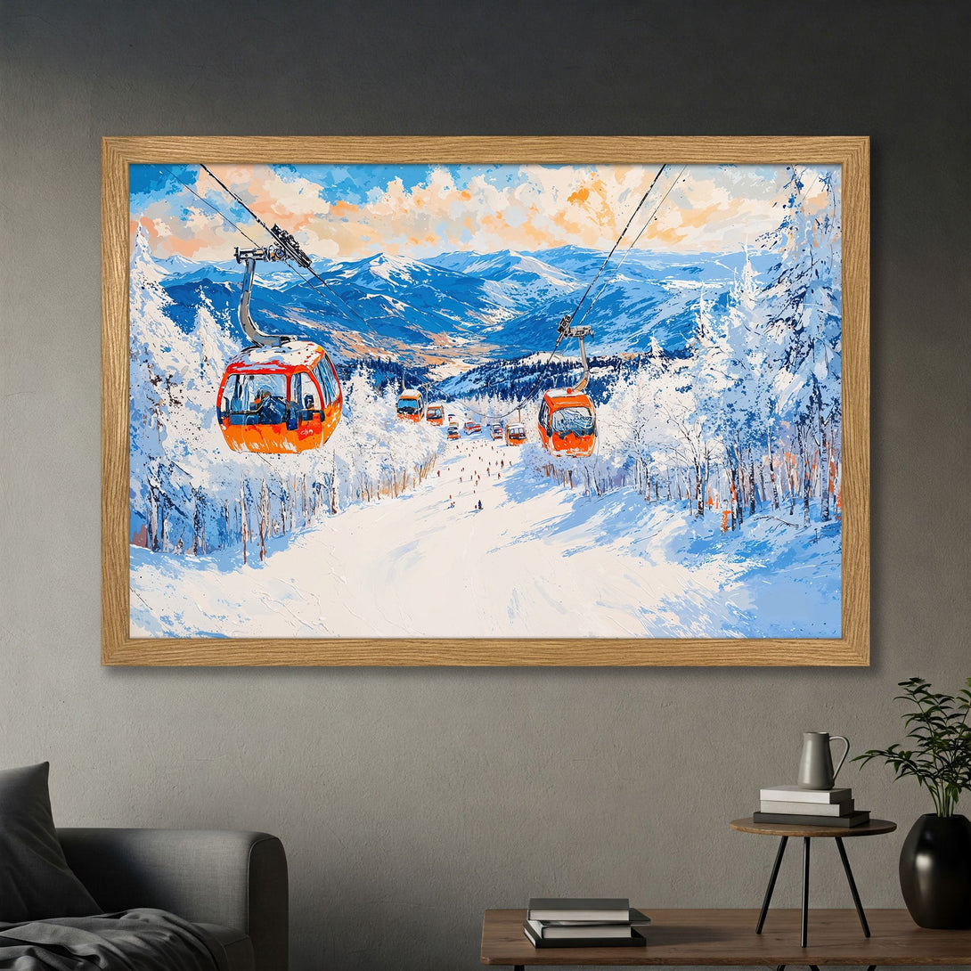 Framed Poster of a snowy mountain ski scene in a vibrant blue, orange, and white palette. Perfect wall art for a cozy, winter-themed home.