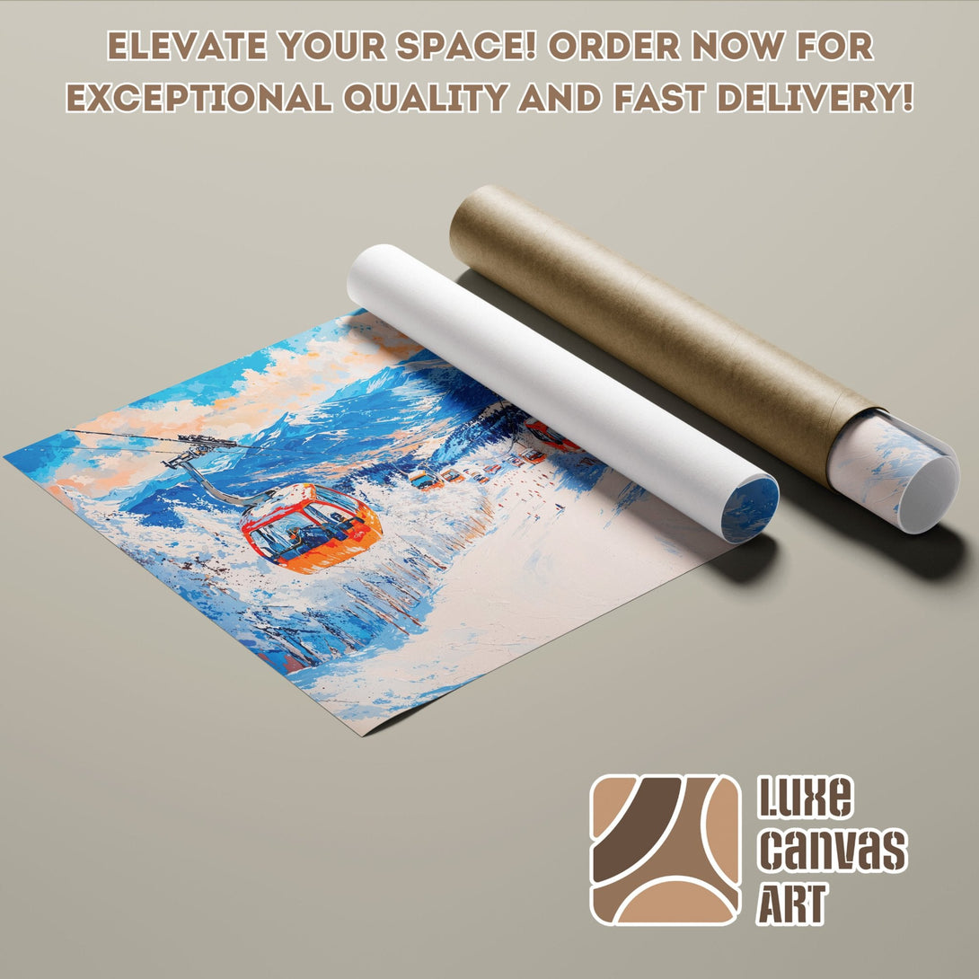 Abstract ski lift Poster Roll, blue, orange, and white color palette. Elevate your space!