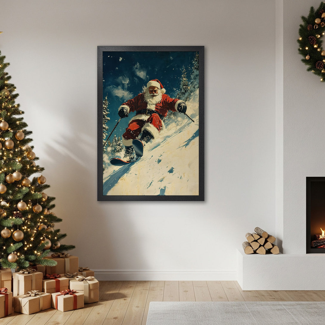 Framed Poster featuring Santa skiing down a snowy mountain, vintage style, red and blue color palette, perfect Christmas decor.