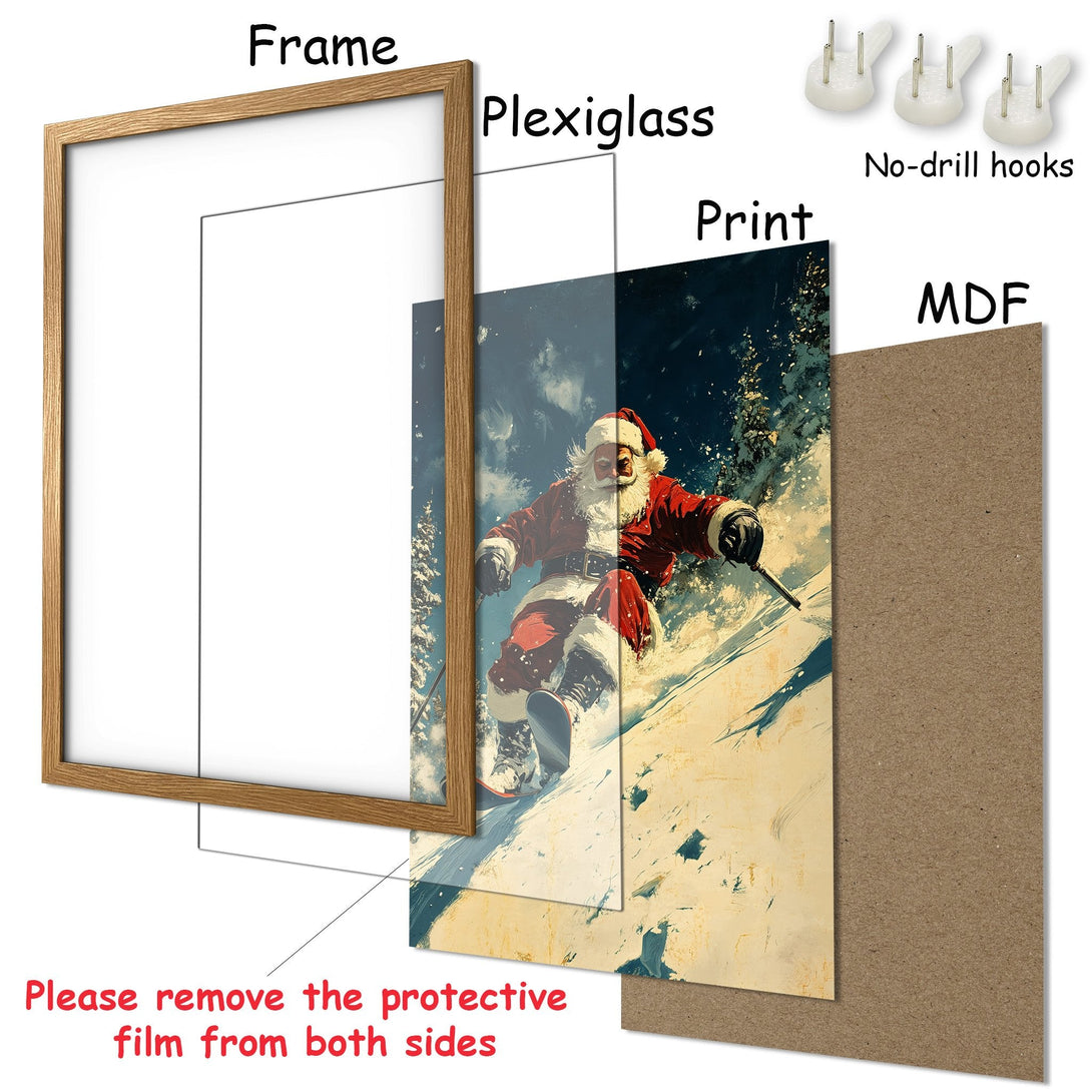 Framed Poster of Santa skiing, vibrant colors, artistic style. Perfect holiday decor!