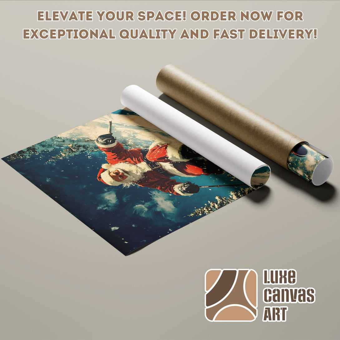 Santa Claus Poster Roll in a wintery scene, rich blues and reds. Elevate your space!