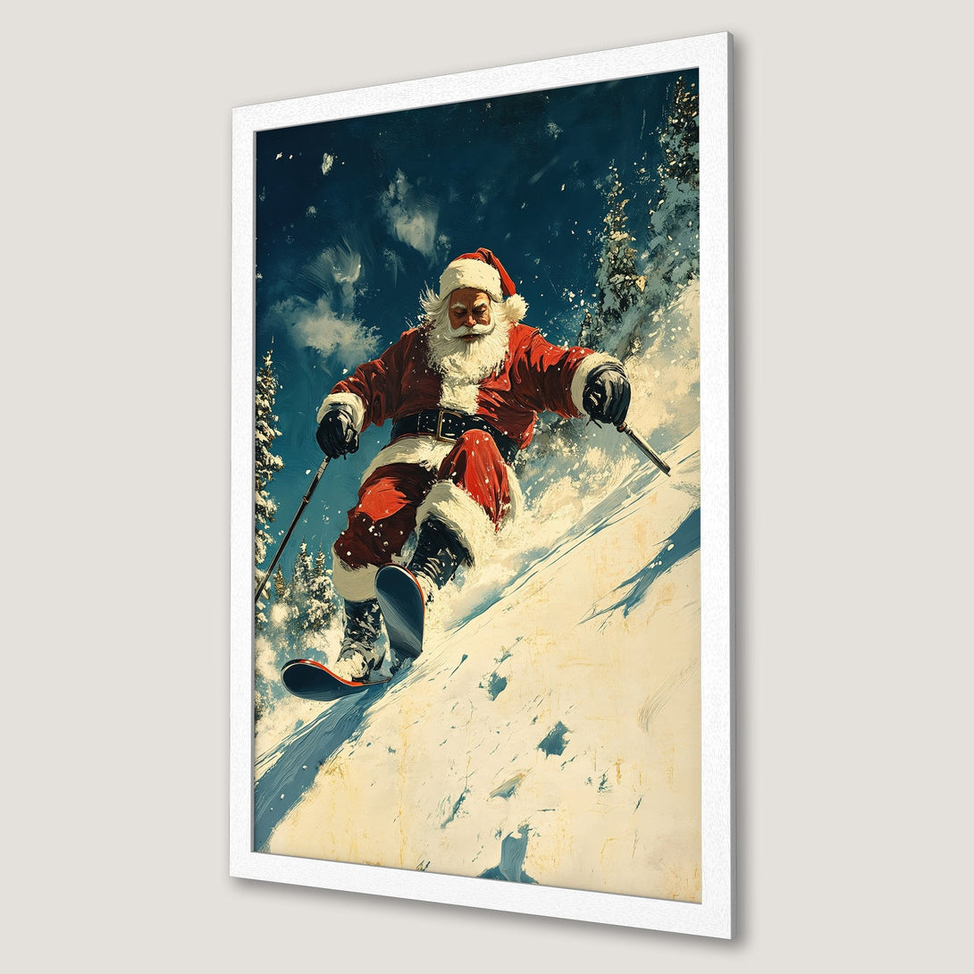 Framed Poster of Santa skiing down a snowy mountain. Artistic style with a red, blue, and white color palette. Perfect Christmas decor!
