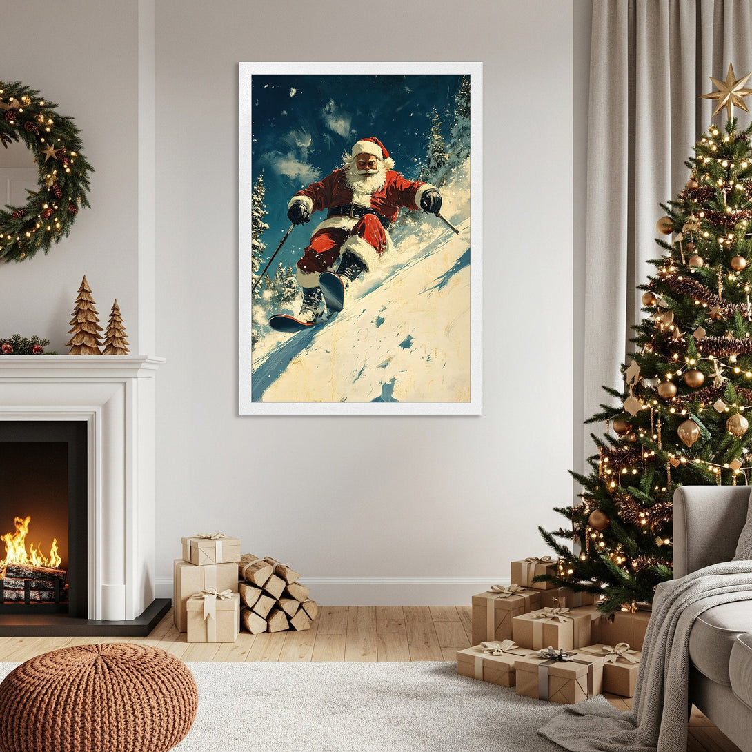 Framed Poster featuring Santa skiing, vintage style, red & blue color palette, perfect Christmas decor.